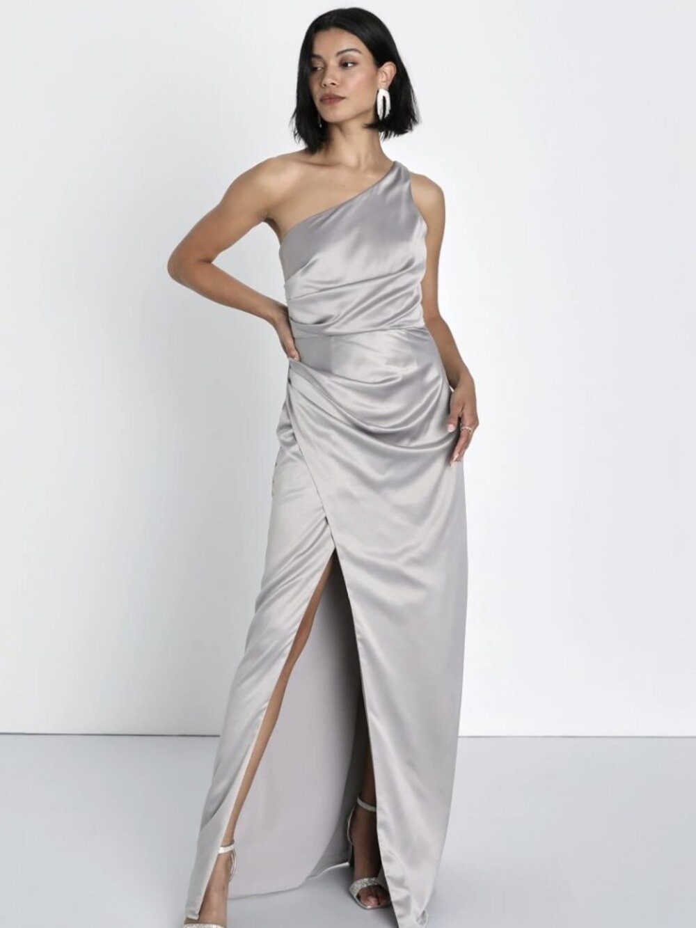 Lulus Dreaming of Elegance Grey Satin One-Shoulder Maxi Dress​ NWT